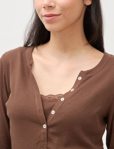 T-shirt cintr&eacute; manches longues marron fonc&eacute; femme