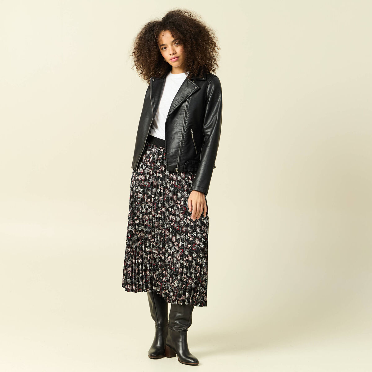 Jupe longue droite pliss&eacute;e noir femme