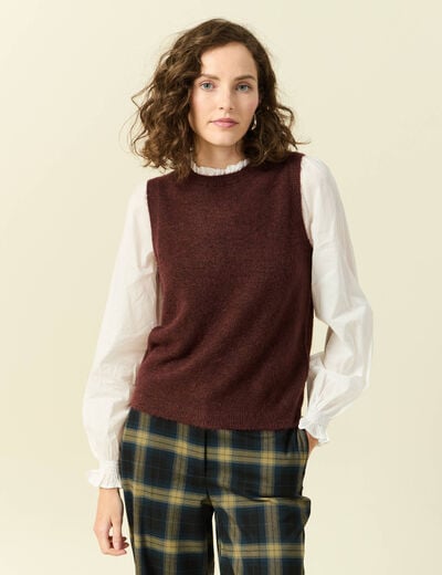 Pull 2 en 1 col rond manches longues marron femme
