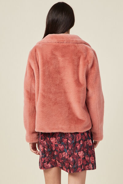 Manteau droit fausse fourrure rouge clair femme