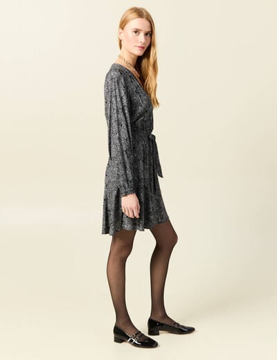 Robe droite courte col v manches longues noir femme