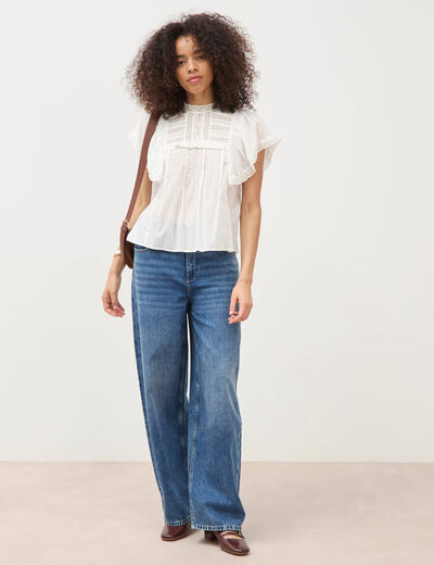 Blouse ample col montant manches courtes ecru femme