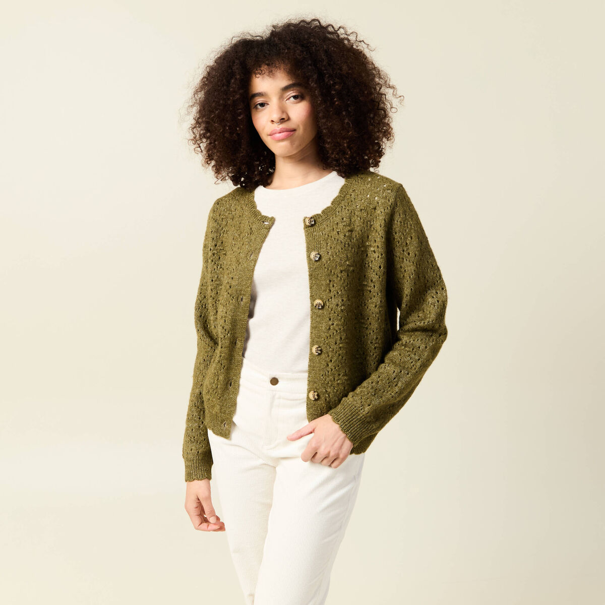 Gilet manches longues col rond vert kaki femme