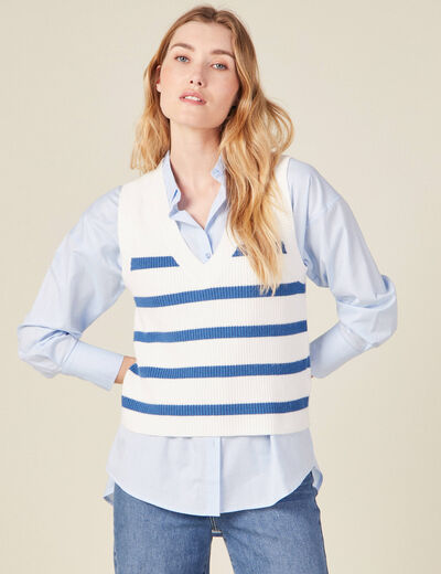 Pull droit court sans manches col v ecru femme