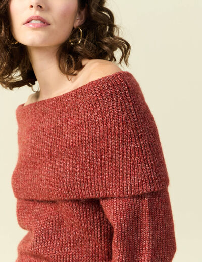 Pull manches longues col bardot vieux rose femme