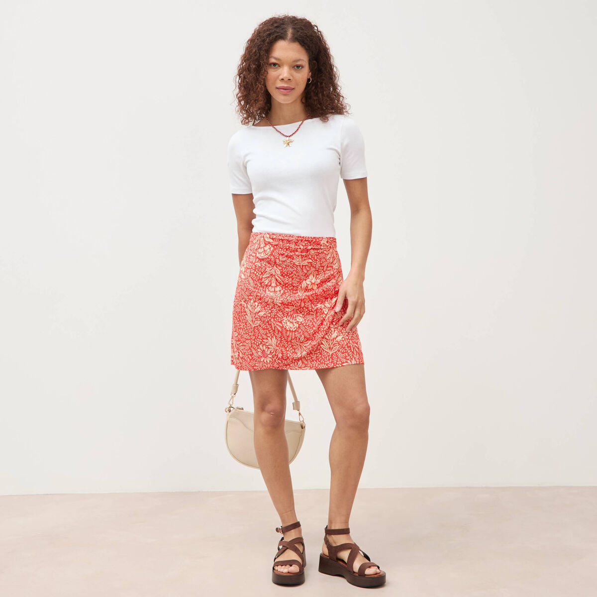 Jupe fluide doubl&eacute;e rouge corail femme