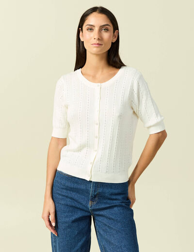 Gilet manches coude col rond ecru femme