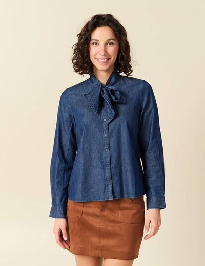 Chemise &agrave; pans manches longues en coton denim stone femme