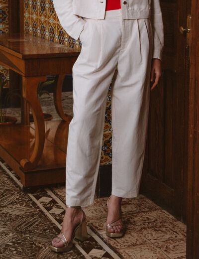 Pantalon barrel coupe loose taille haute ecru femme