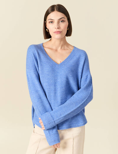Pull manches longues col en V bleu ciel femme