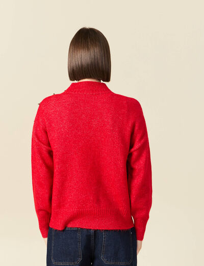 Pull col montant manches longues rouge femme