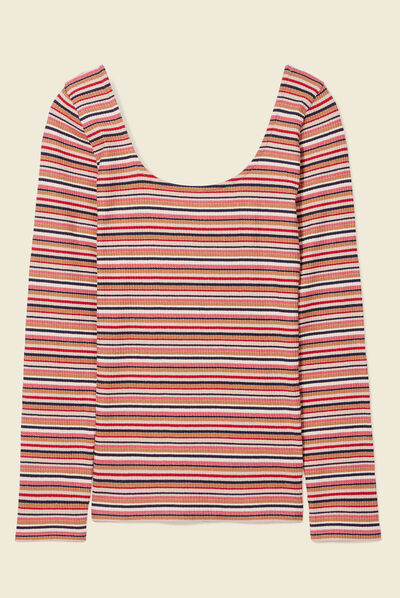T-shirt manches longues côtelé marron femme