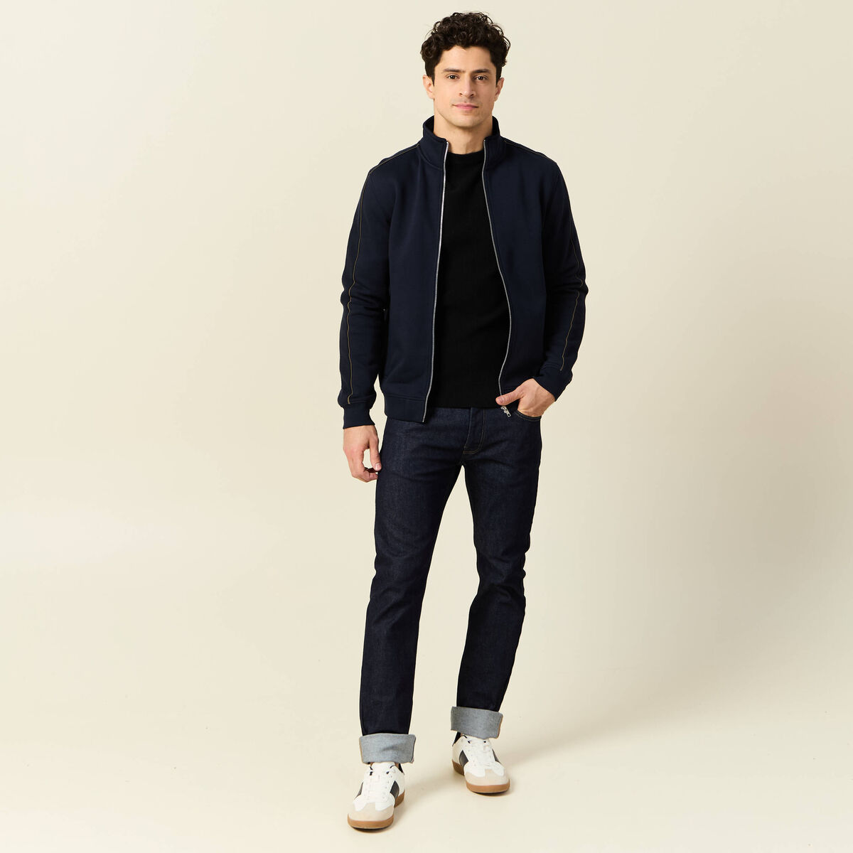 Gilet manches longues zipp&eacute; bleu marine homme