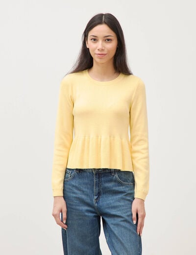 Pull col rond manches longues jaune clair femme