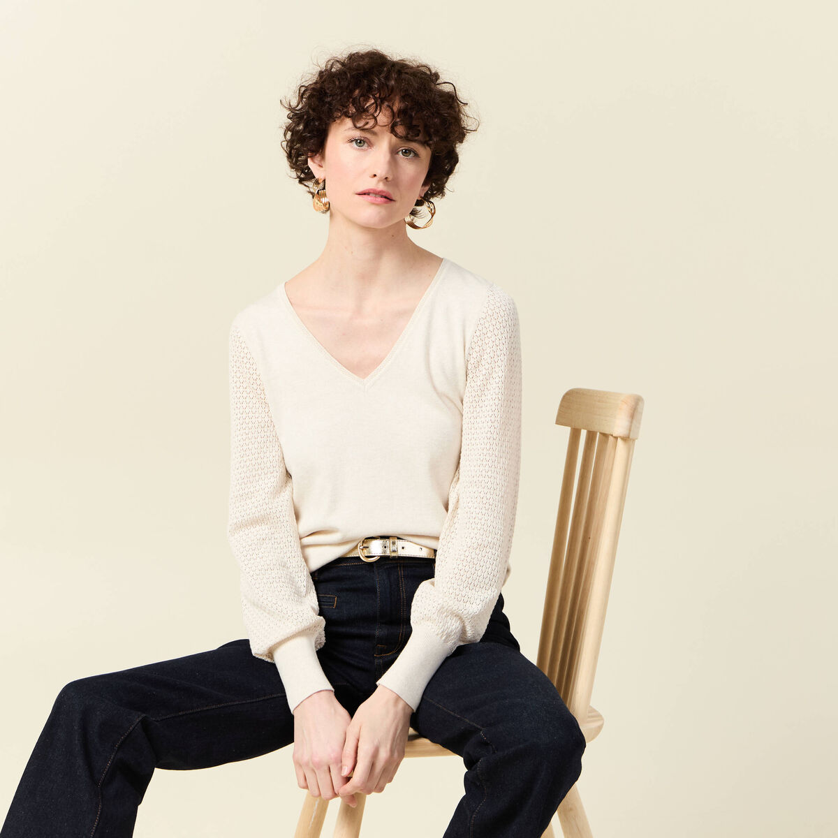 Pull manches longues creme femme