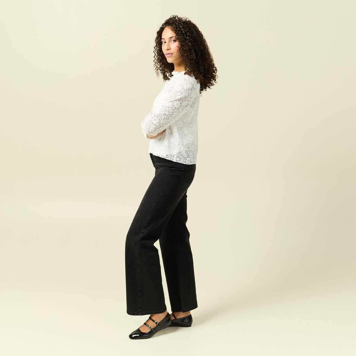 T-shirt droit court manches longues blanc femme