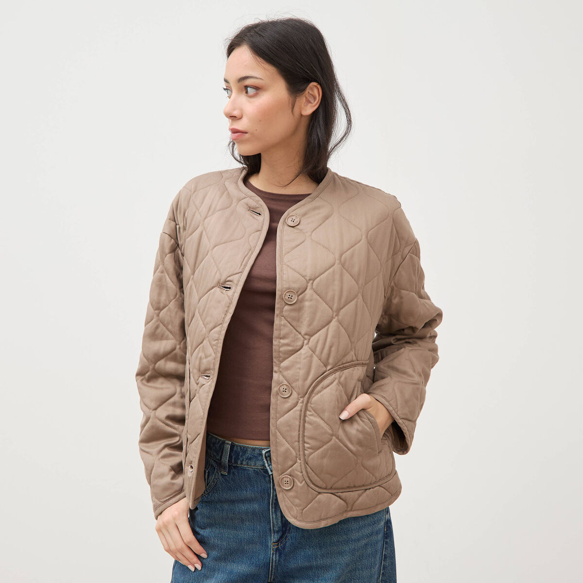 Veste oversize manches longues doubl&eacute;e taupe femme
