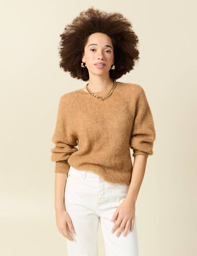 Pull manches longues col rond camel femme