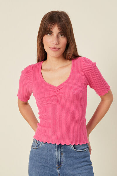 Pull à manches courtes rose fushia femme