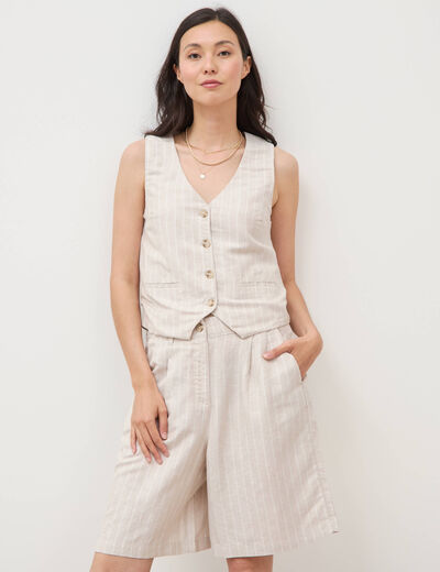 Gilet ajust&eacute; col v sans manches beige femme
