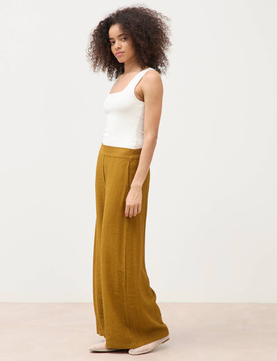 Pantalon large taille haute fluide vert olive femme