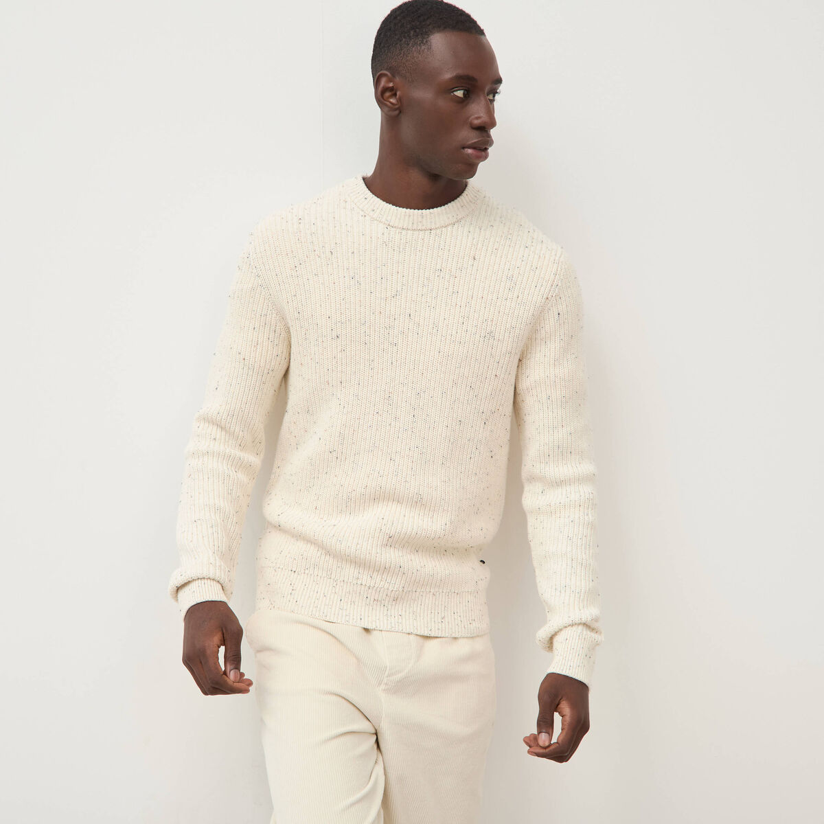Pull col rond manches longues en coton ecru homme