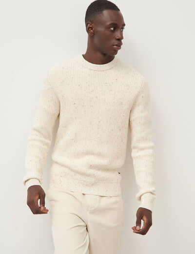 Pull col rond manches longues en coton ecru homme
