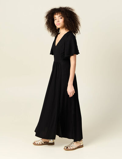 Robe longue évasée fluide noir femme