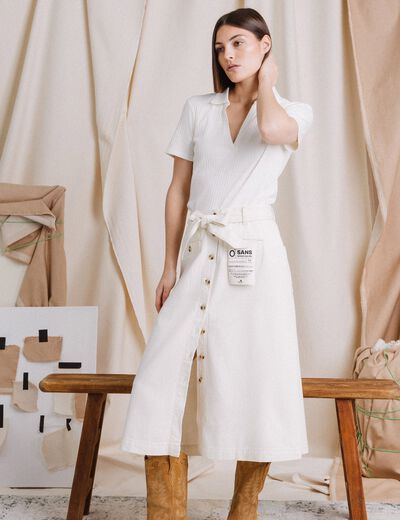 Jupe midi trapèze denim blanc femme