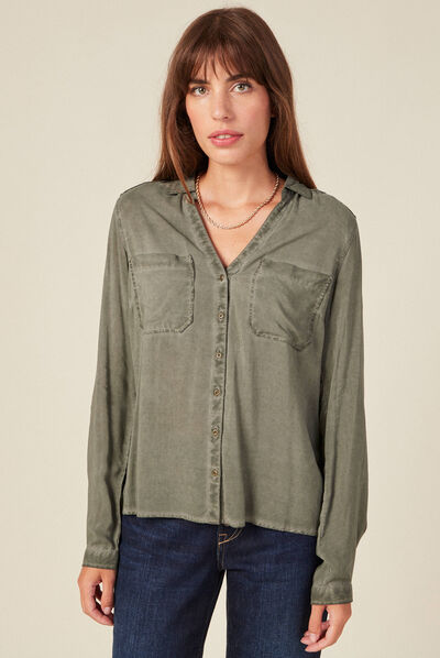 Chemise manches longues vert kaki femme