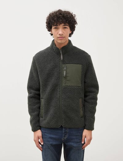 Veste droite sherpa col montant vert kaki homme