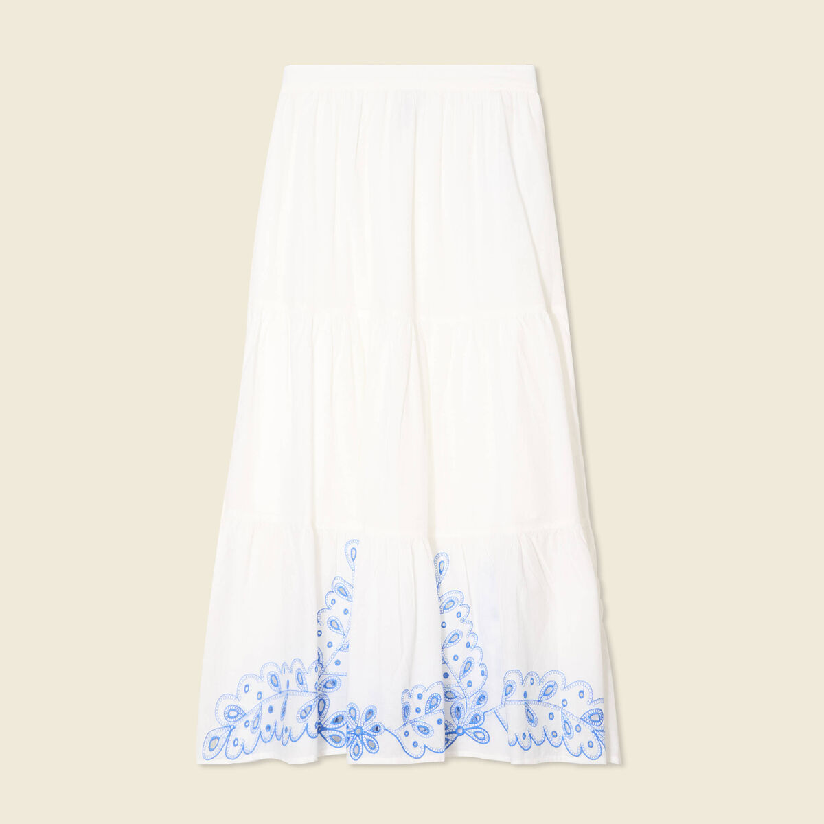 Jupe longue évasée brodée ecru femme