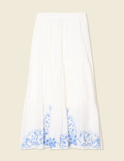 Jupe longue évasée brodée ecru femme