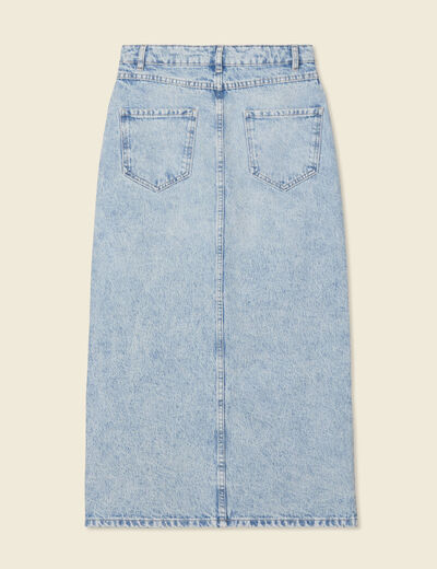 Jupe midi droite en jean denim bleach femme