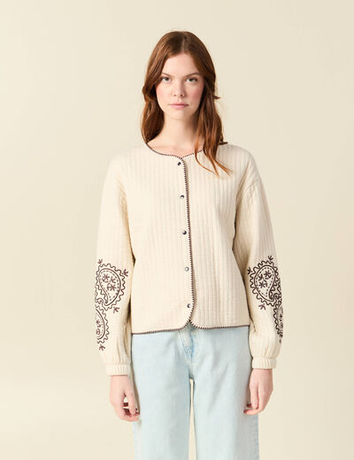 Cardigan droit court col rond brod&eacute; ivoire femme