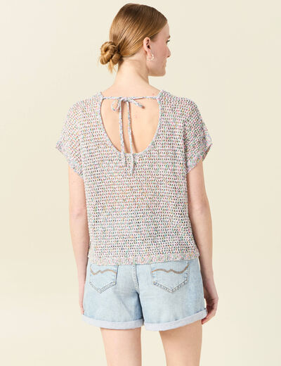 Pull crochet manches courtes vert kaki femme