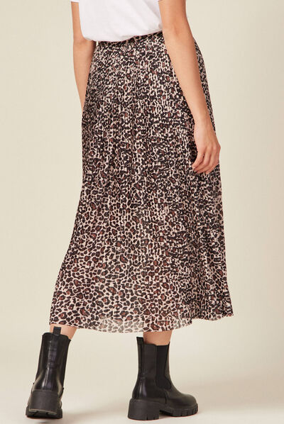 Jupe longue évasée plissée marron clair femme