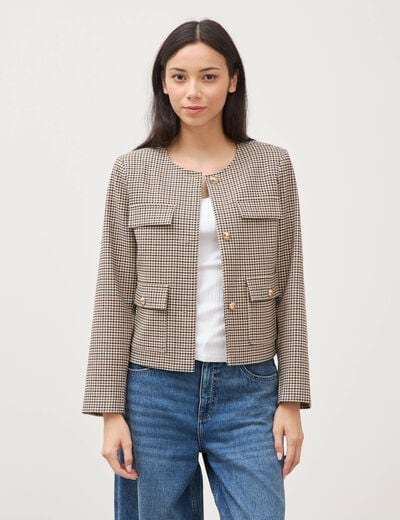 Veste &agrave; carreaux manches longues marron femme