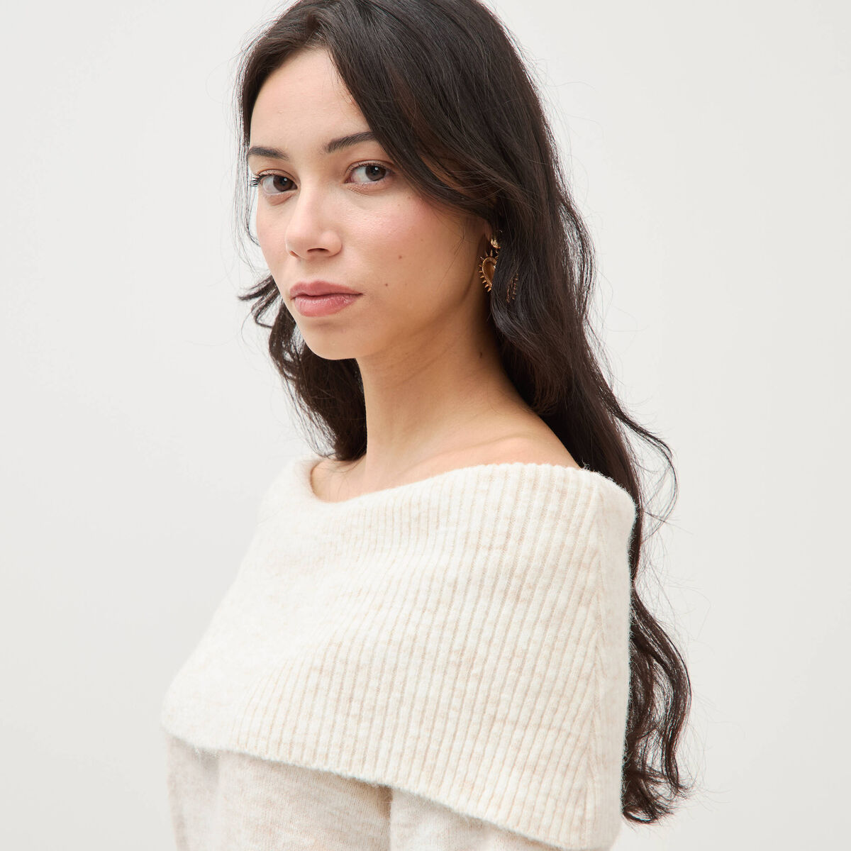 Pull droit manches longues bardot ecru femme