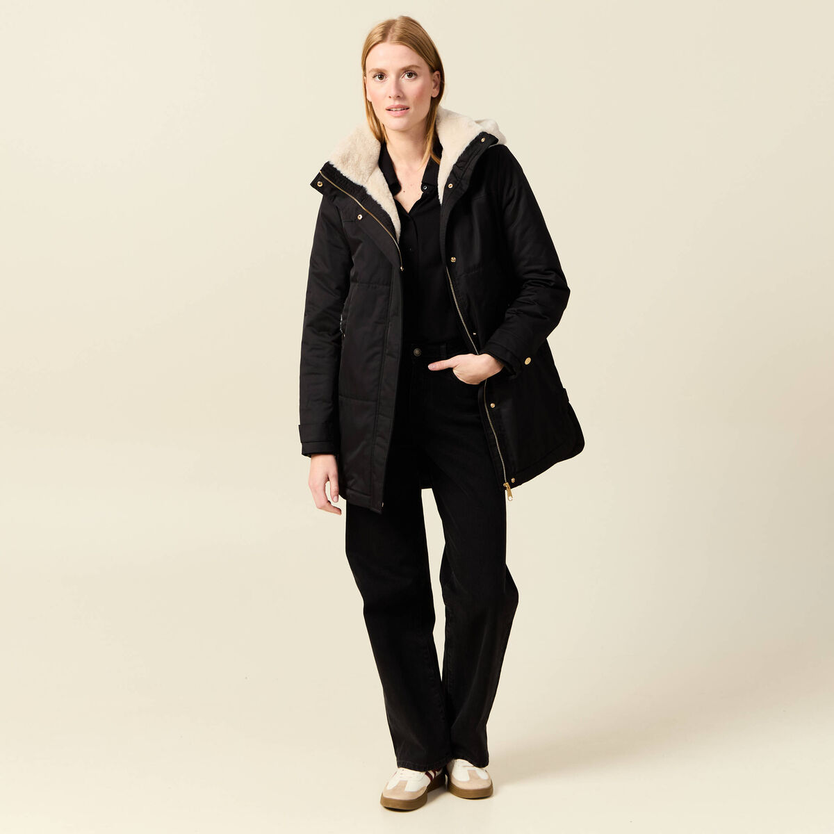 Parka droite &agrave; capuche noir femme