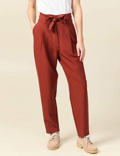 Pantalon carotte taille haute marron cognac femme