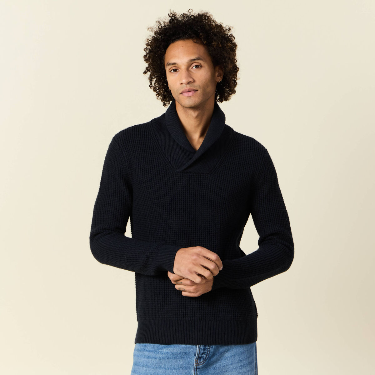 Pull manches longues col châle bleu marine homme