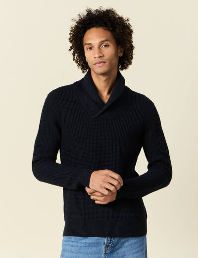 Pull manches longues col châle bleu marine homme