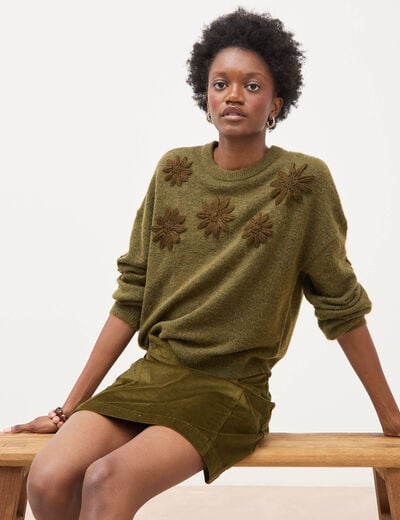 Pull manches longues col rond vert olive femme