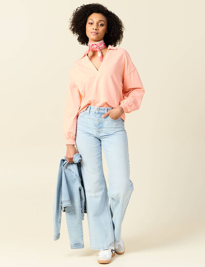 Sweat manches longues col polo rose saumon femme