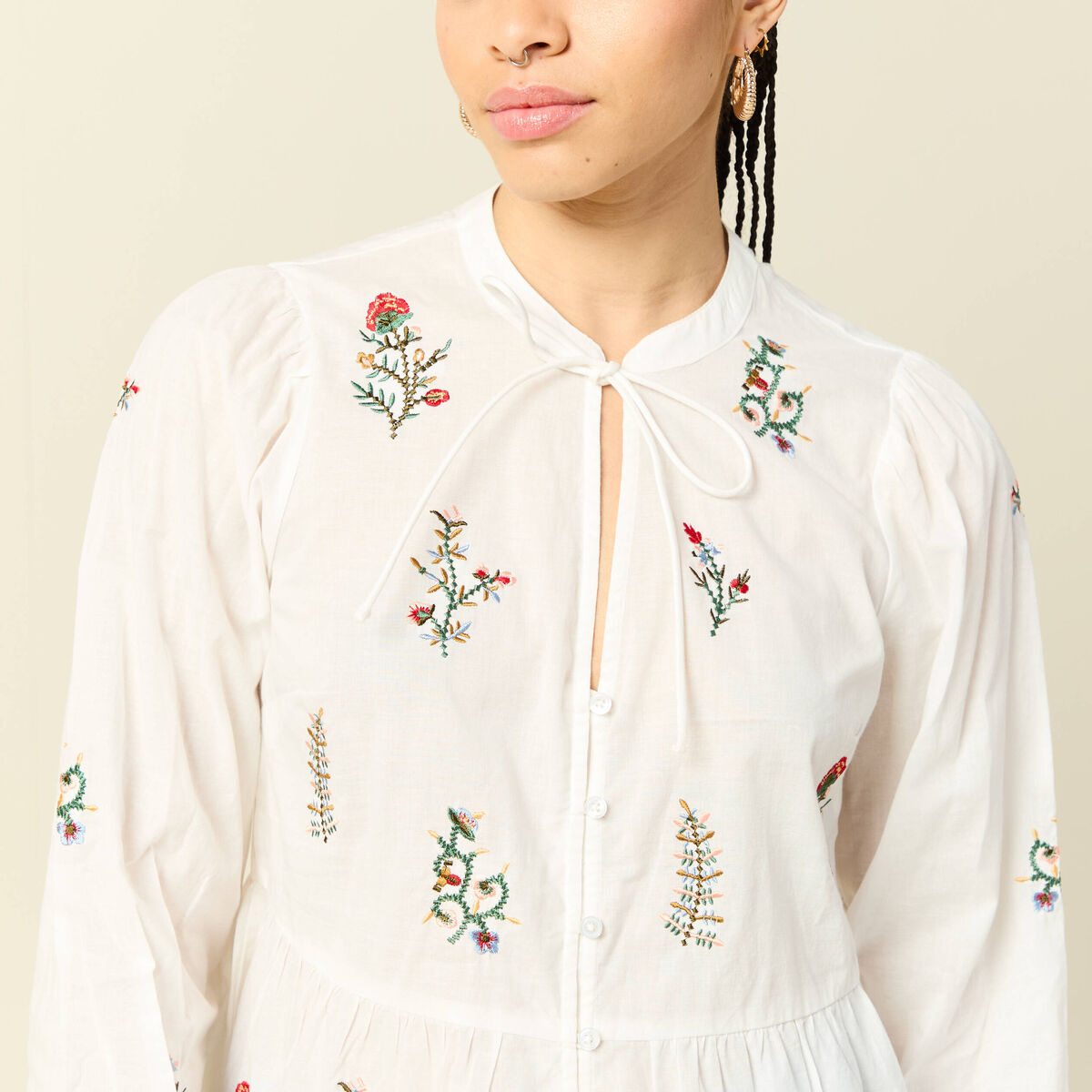 Chemise brod&eacute;e en coton manches longues ecru femme