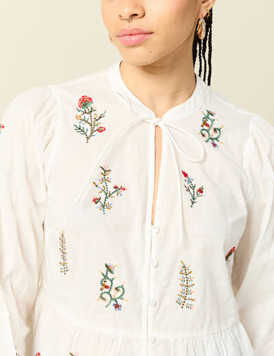 Chemise brod&eacute;e en coton manches longues ecru femme