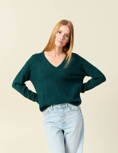 Pull manches longues col en V vert fonc&eacute; femme