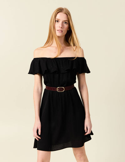 Robe col carré manches courtes noir femme