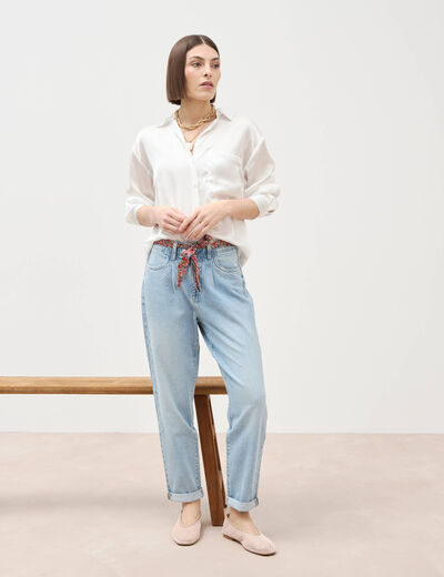 Jeans mom ceinture foulard denim bleach femme